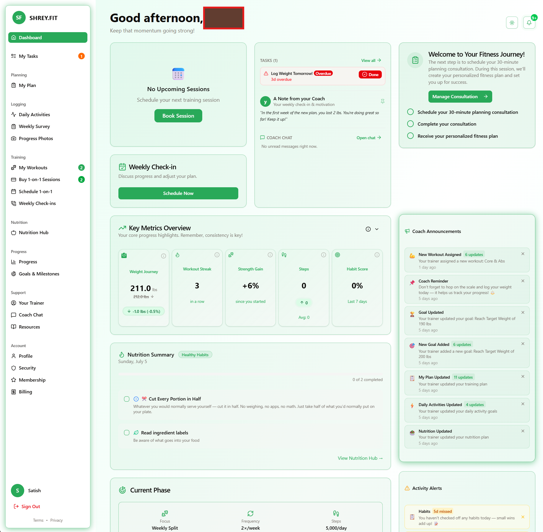 SHREY.FIT client dashboard